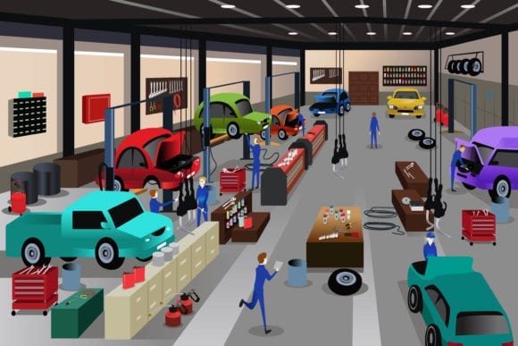An illustration of a dealership service department