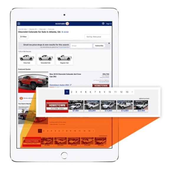 Alpha Liner display ad shown on Autotrader search results page
