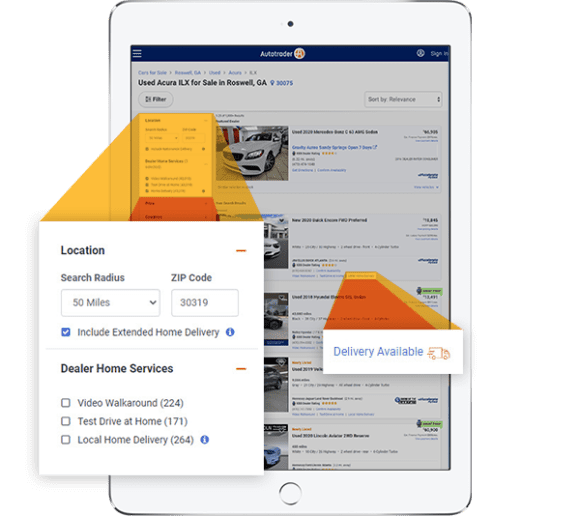 Autotrader search filters for vehicle home delivery