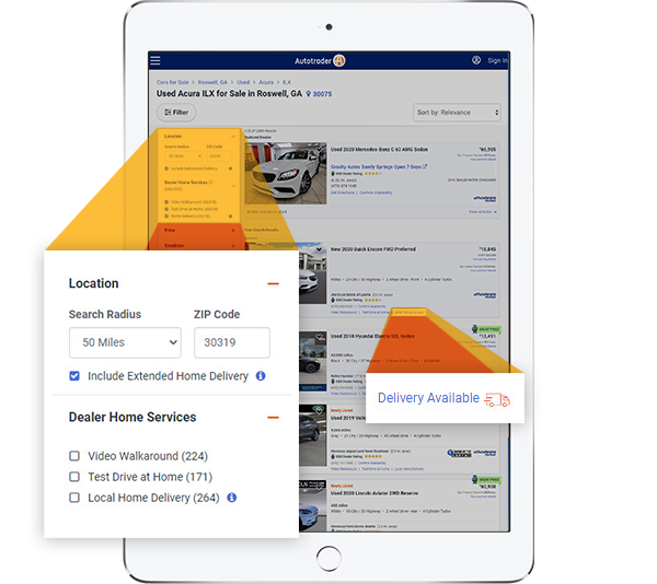 Autotrader search filters for vehicle home delivery