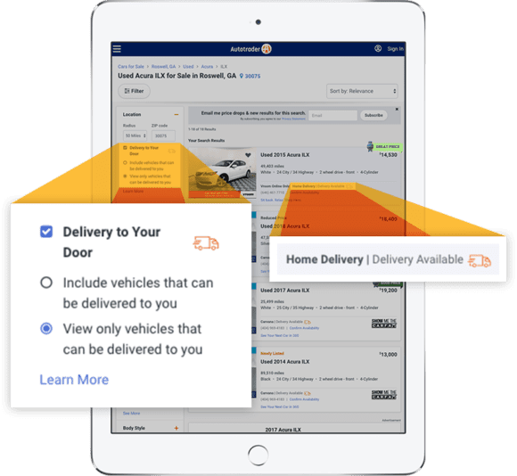 search filter setting on Autotrader for "delivery to your door" with Market Extension