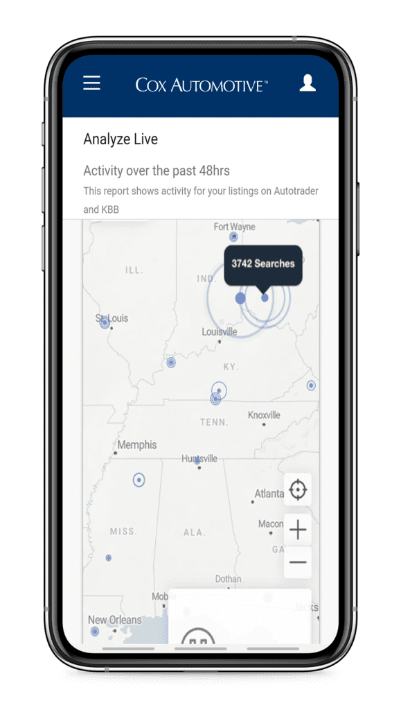 Mobile phone with nVision traffic map showing shoppers searching for vehicles from outside the local market of the dealer