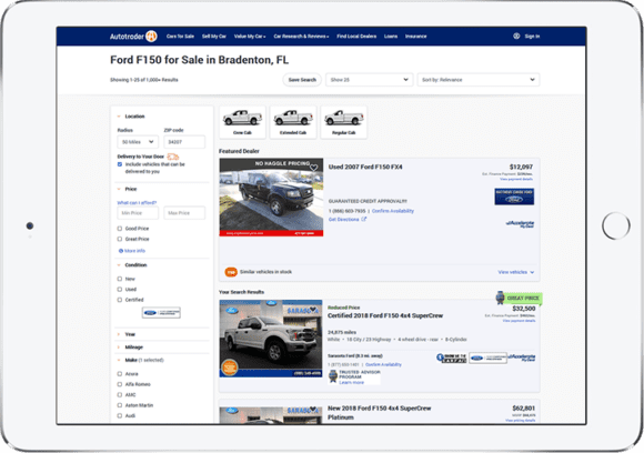 Autotrader search results page from a search for Ford F150 trucks